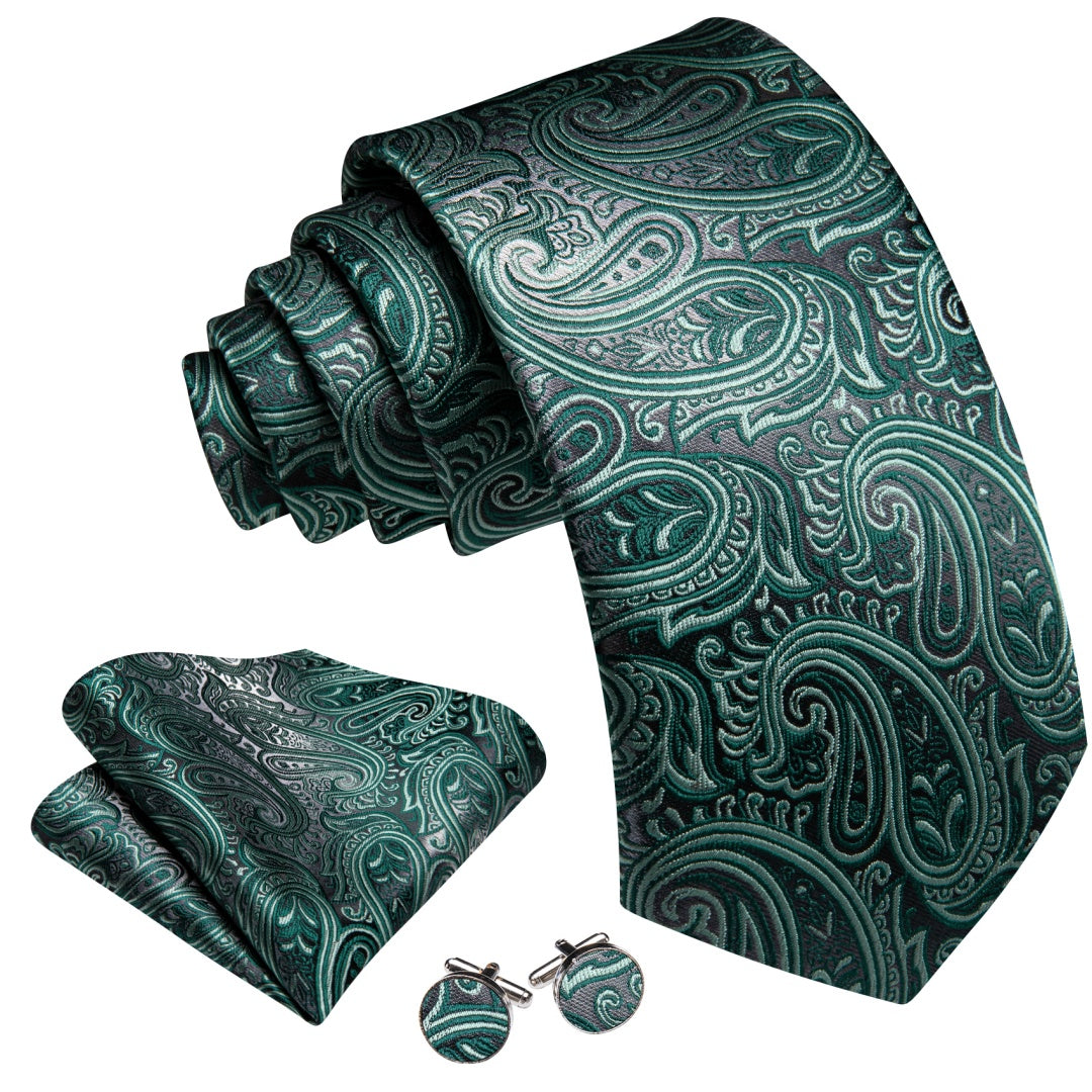 Barry. Wang Paisley Tie Grey and Hunter Green Paisley Design Tie Set