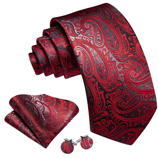 Barry. Wang Paisley Tie Red and Grey Paisley Design Necktie Set