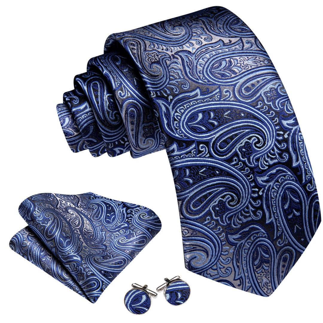 Barry. Wang Paisley Tie Mid-Night Blue and Grey Paisley Design Silk Tie Set