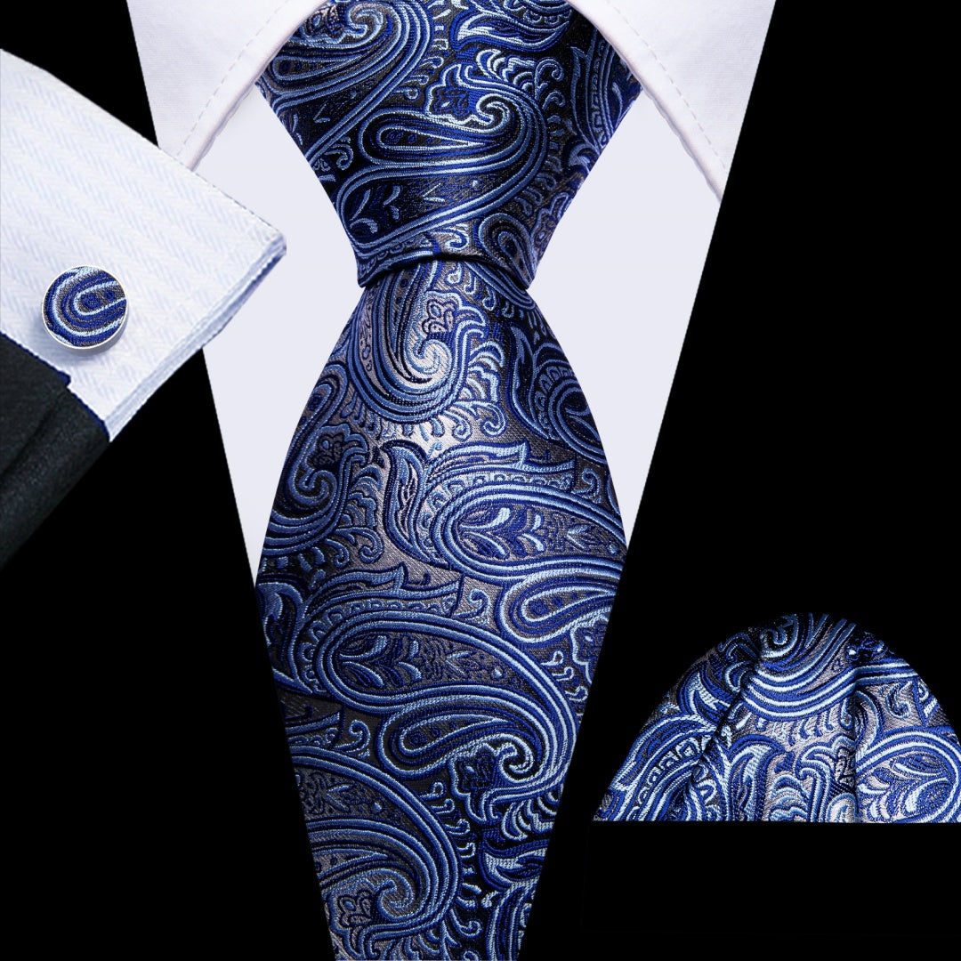 Barry. Wang Paisley Tie Mid-Night Blue and Grey Paisley Design Silk Tie Set