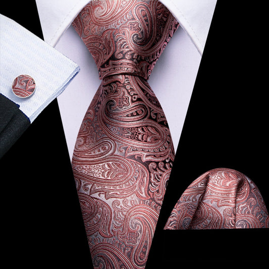 Barry. Wang Rose Gold Tie Mens Paisley Silk Necktie Hanky Cufflinks Set for Wedding