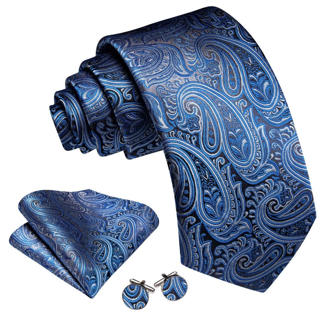 Barry. Wang Mens Grey and Dogger Blue Paisley Tie Pocket Square Cufflinks Set