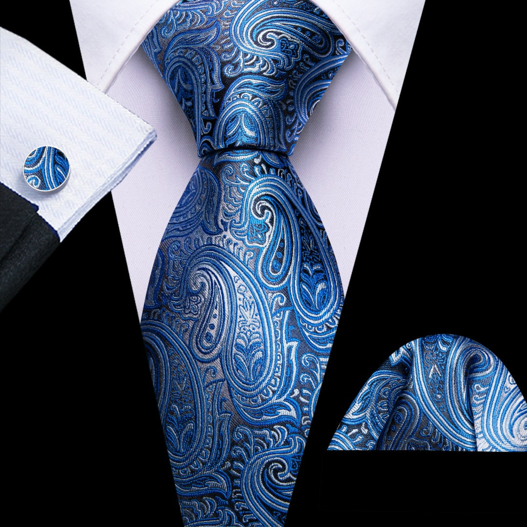 Barry. Wang Mens Grey and Dogger Blue Paisley Tie Pocket Square Cufflinks Set