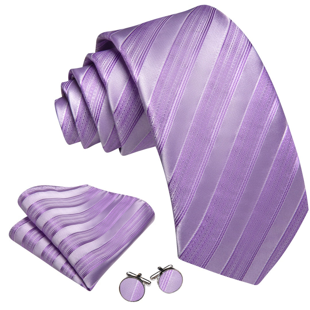 Barry. Wang Mens Light Purple Tie Striped Ties Pocket Square Cufflinks Set