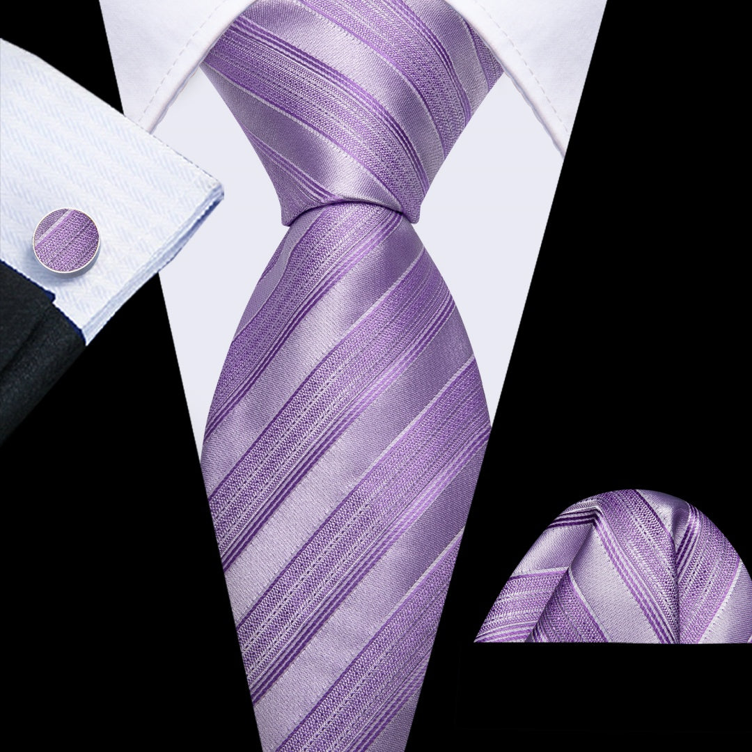 Barry. Wang Mens Light Purple Tie Striped Ties Pocket Square Cufflinks Set