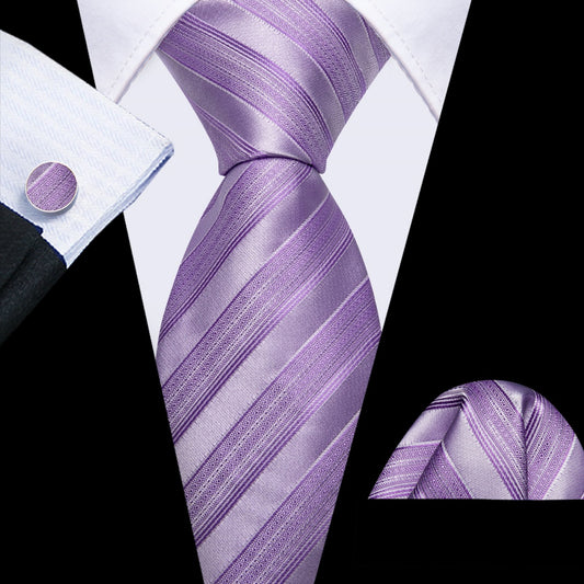Barry. Wang Mens Light Purple Tie Striped Ties Pocket Square Cufflinks Set