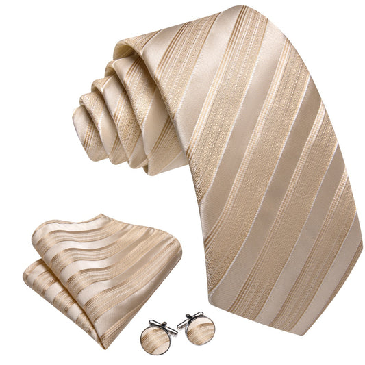Barry. Wang Champagne Striped Tie Mens Silk Tie Pocket Square Cufflinks Set