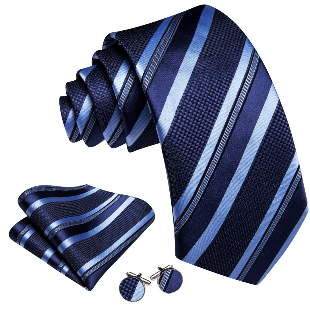 Barry. Wang Mens Midnight-Blue Tie Striped Tie Pocket Square Cufflinks Set