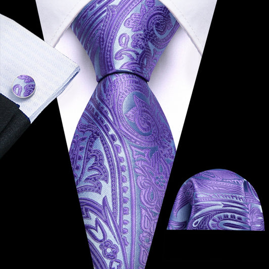 Barry. Wang Slate Blue Paisley Tie Pocket Square Cufflinks Set Silk Mens Ties