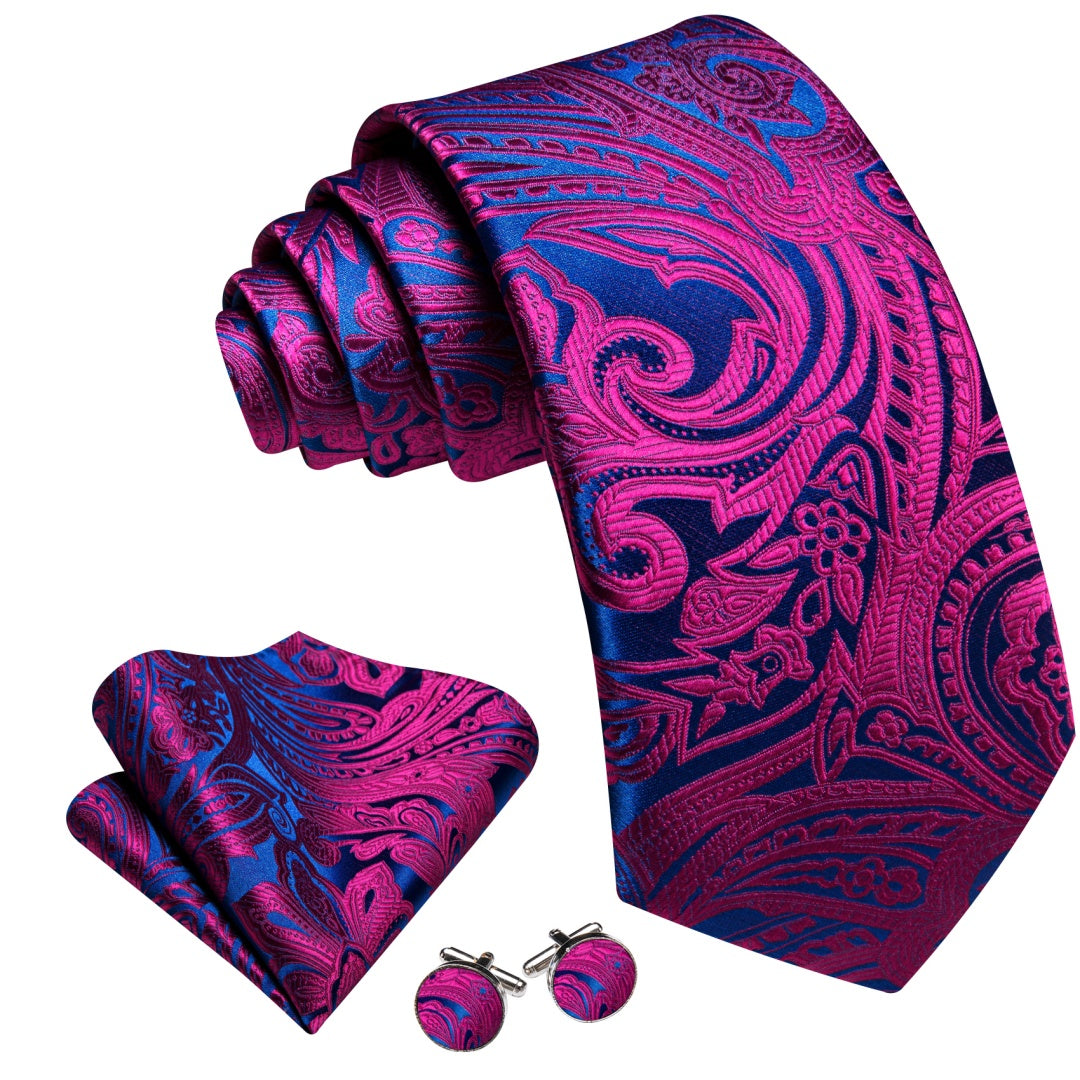 Barry. Wang Purple Blue Floral Tie Pocket Square Cufflinks Set Silk Mens Ties