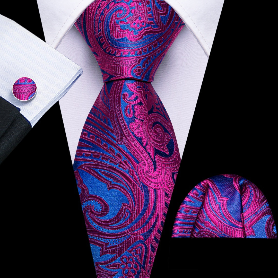 Barry. Wang Purple Blue Floral Tie Pocket Square Cufflinks Set Silk Mens Ties