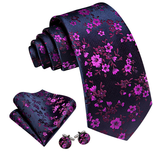 Barry. Wang Blue Purple Floral Tie Pocket Square Cufflinks Set Silk Mens Ties