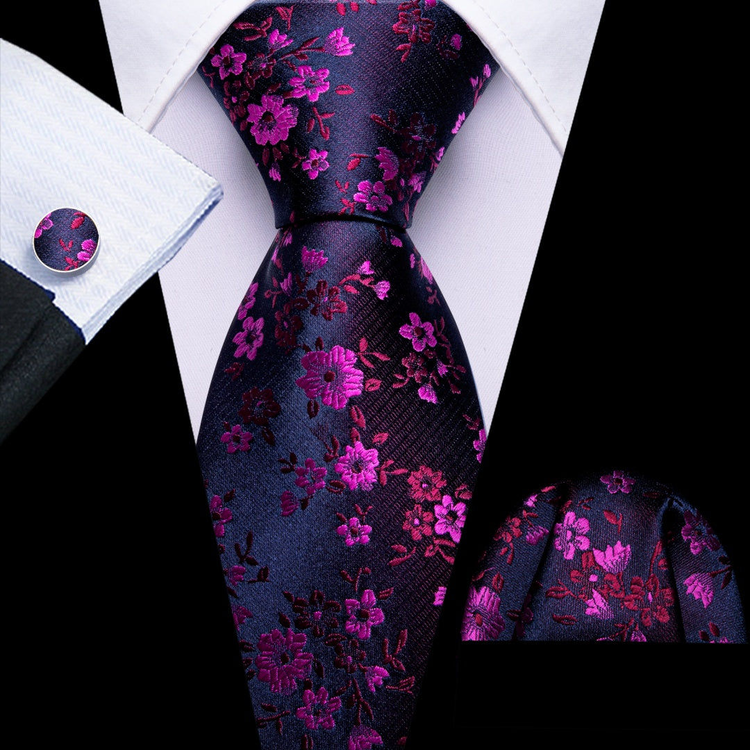 Barry. Wang Blue Purple Floral Tie Pocket Square Cufflinks Set Silk Mens Ties