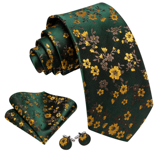 Barry. Wang Emerald Green Floral Tie Mens Silk Necktie Pocket Square Cufflinks Set