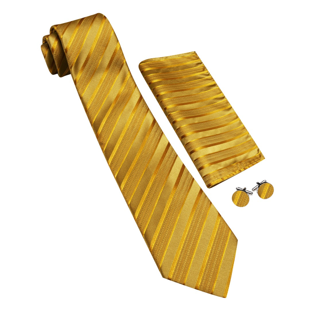Barry. Wang Golden Striped Mens Ties Silk Necktie Pocket Square Cufflinks Set