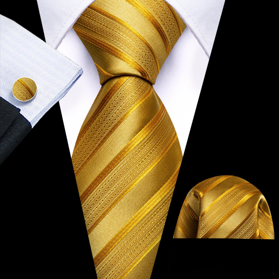 Barry. Wang Golden Striped Mens Ties Silk Necktie Pocket Square Cufflinks Set