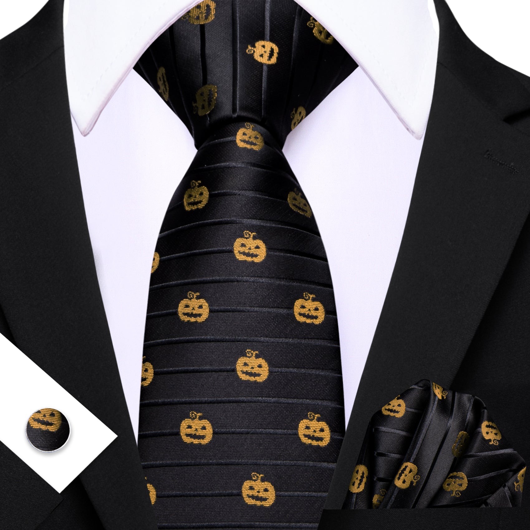 Barry. Wang Black Necktie Halloween Pumpkin Silk Tie Pocket Square Cufflinks Set for Men