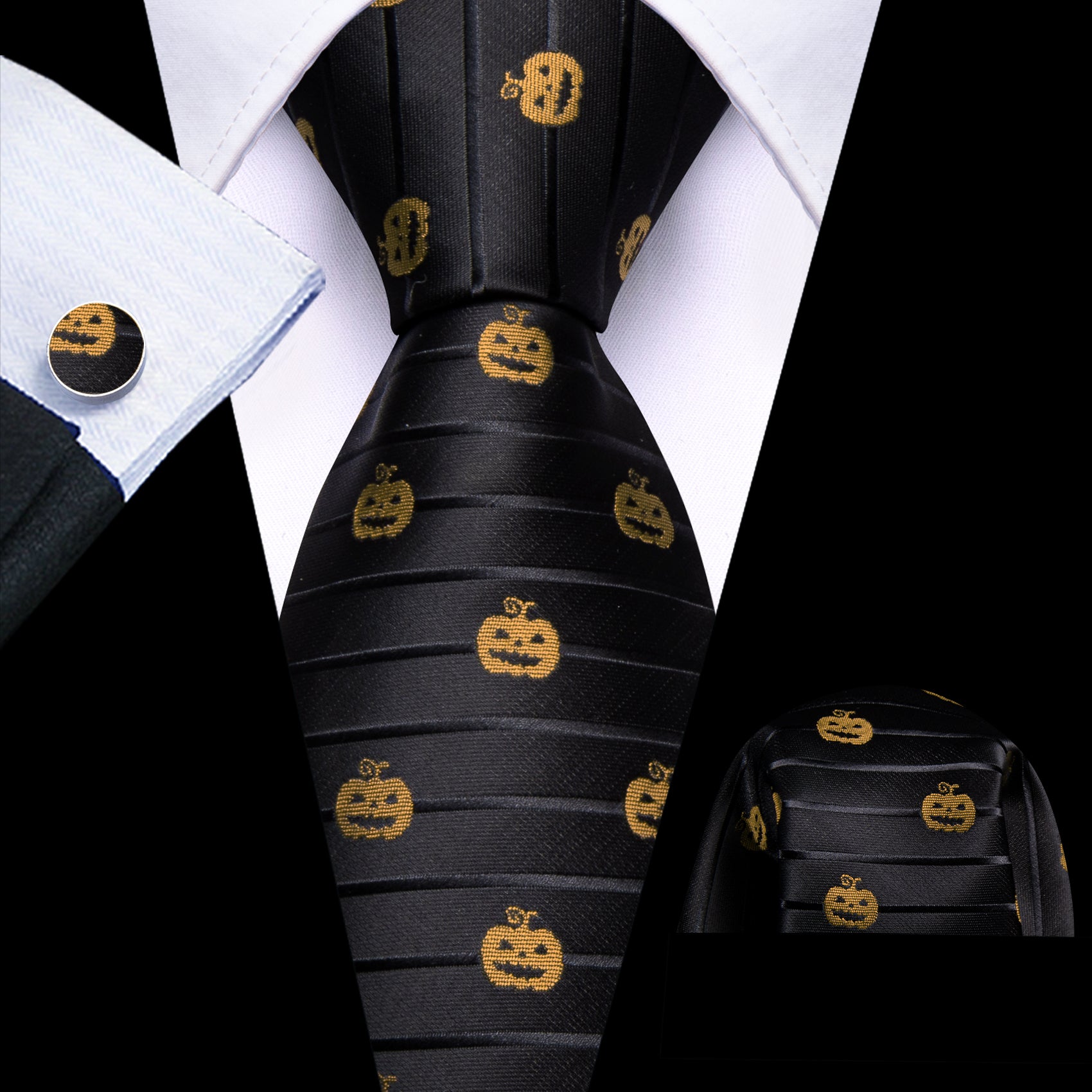 Barry. Wang Black Necktie Halloween Pumpkin Silk Tie Pocket Square Cufflinks Set for Men