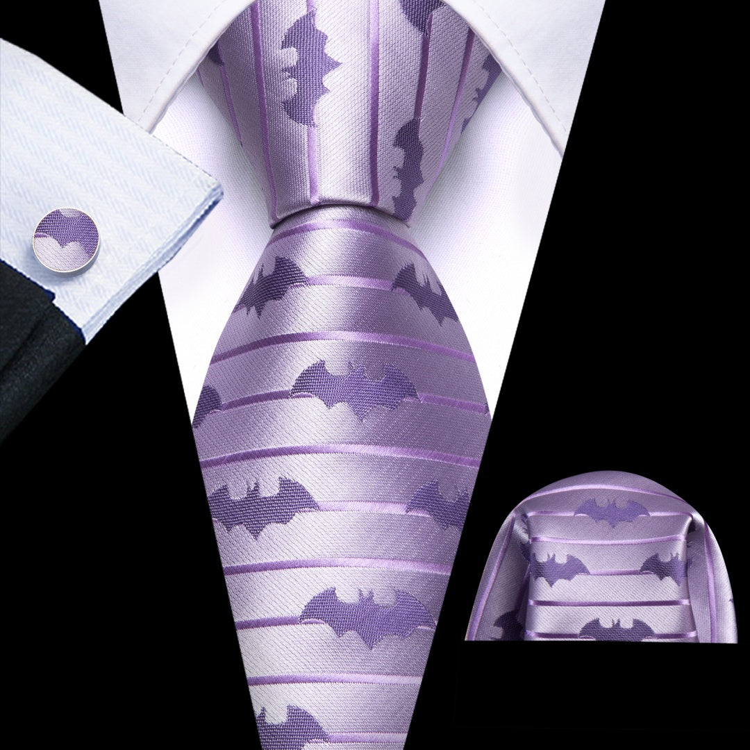 Barry. Wang Bat Tie Jacquard Lavender Purple Bat Black Novelty Necktie Hanky Cufflinks Set