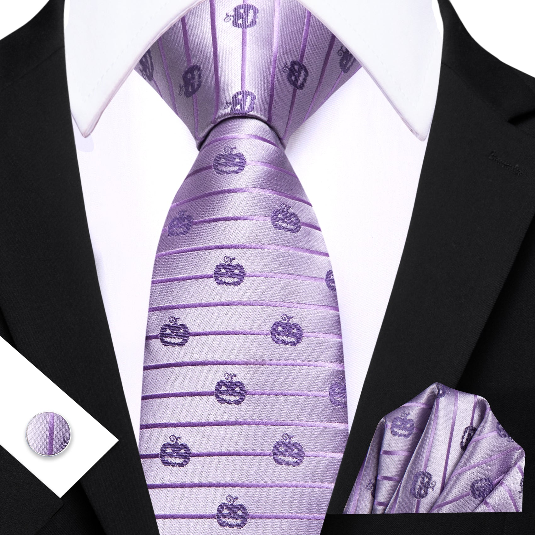 Barry. Wang Purple Necktie Halloween Pumpkin Silk Tie Pocket Square Cufflinks Set for Men