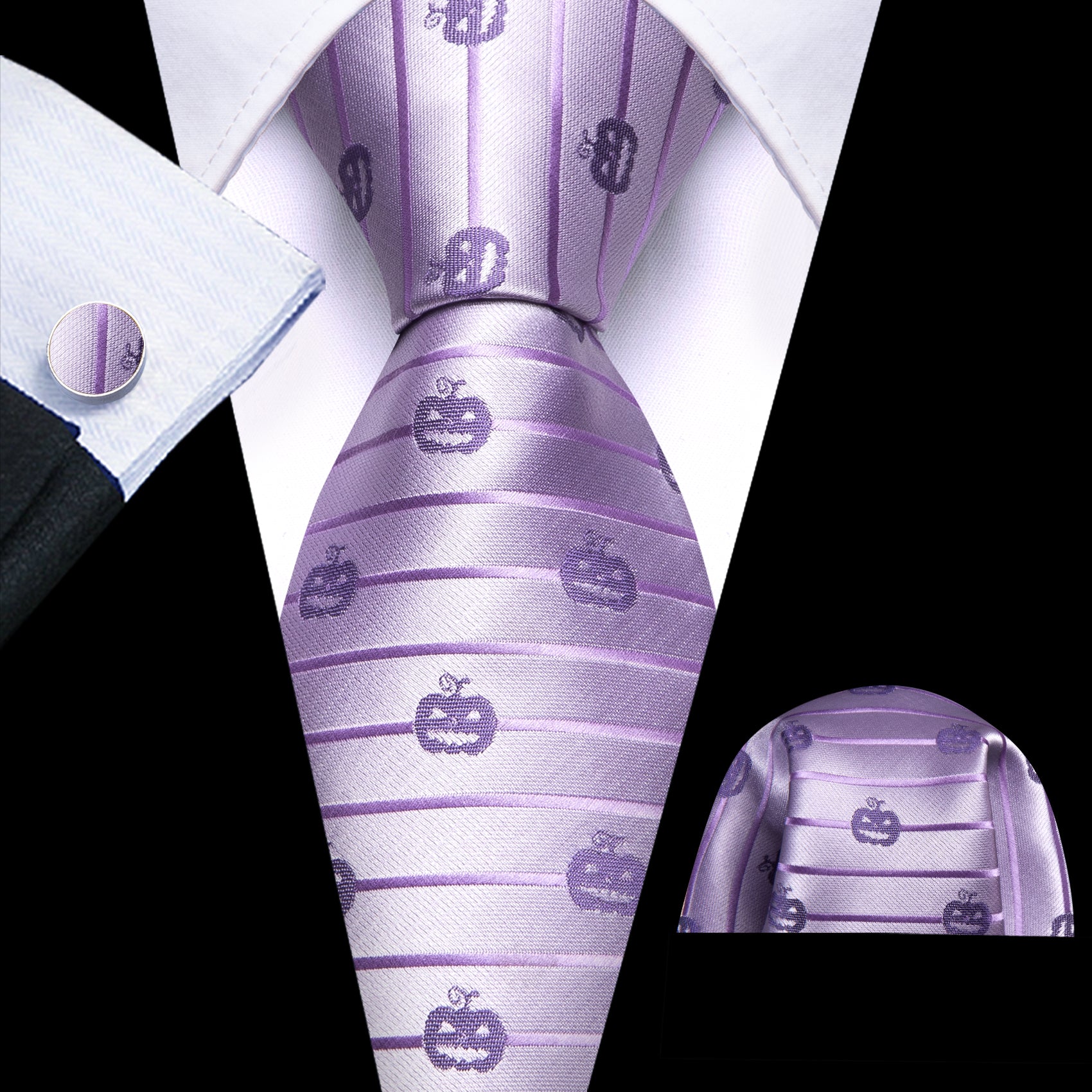 Barry. Wang Purple Necktie Halloween Pumpkin Silk Tie Pocket Square Cufflinks Set for Men