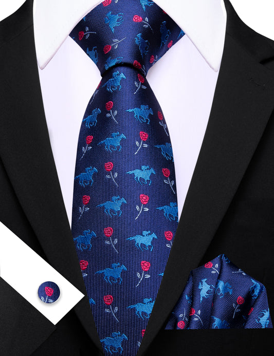 Barry. Wang Necktie Navy Blue Floral Silk Tie Pocket Square Cufflinks Set for Men