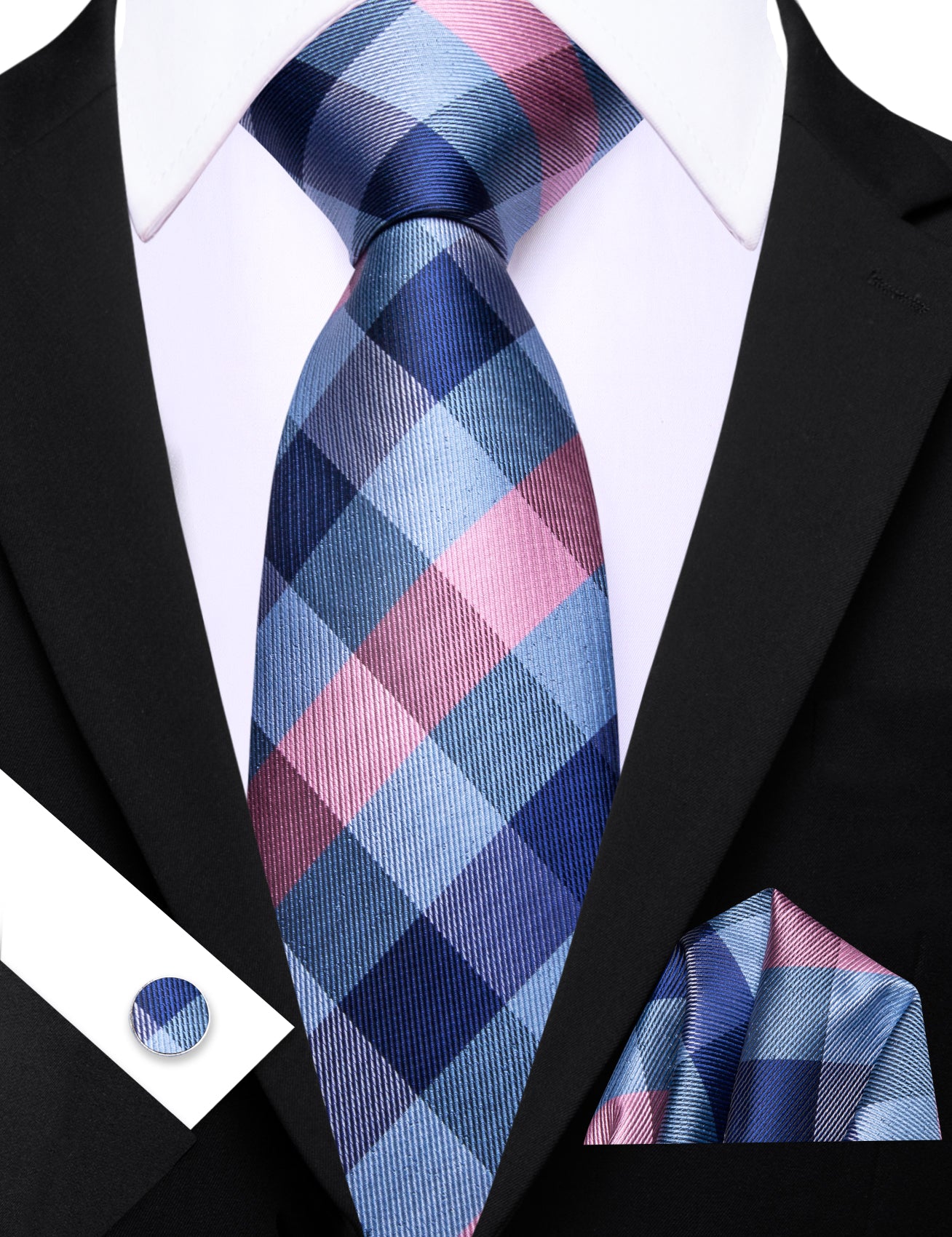 Barry. Wang Men's Necktie Blue Pink Plaid Tie Handkerchief Cufflinks Set