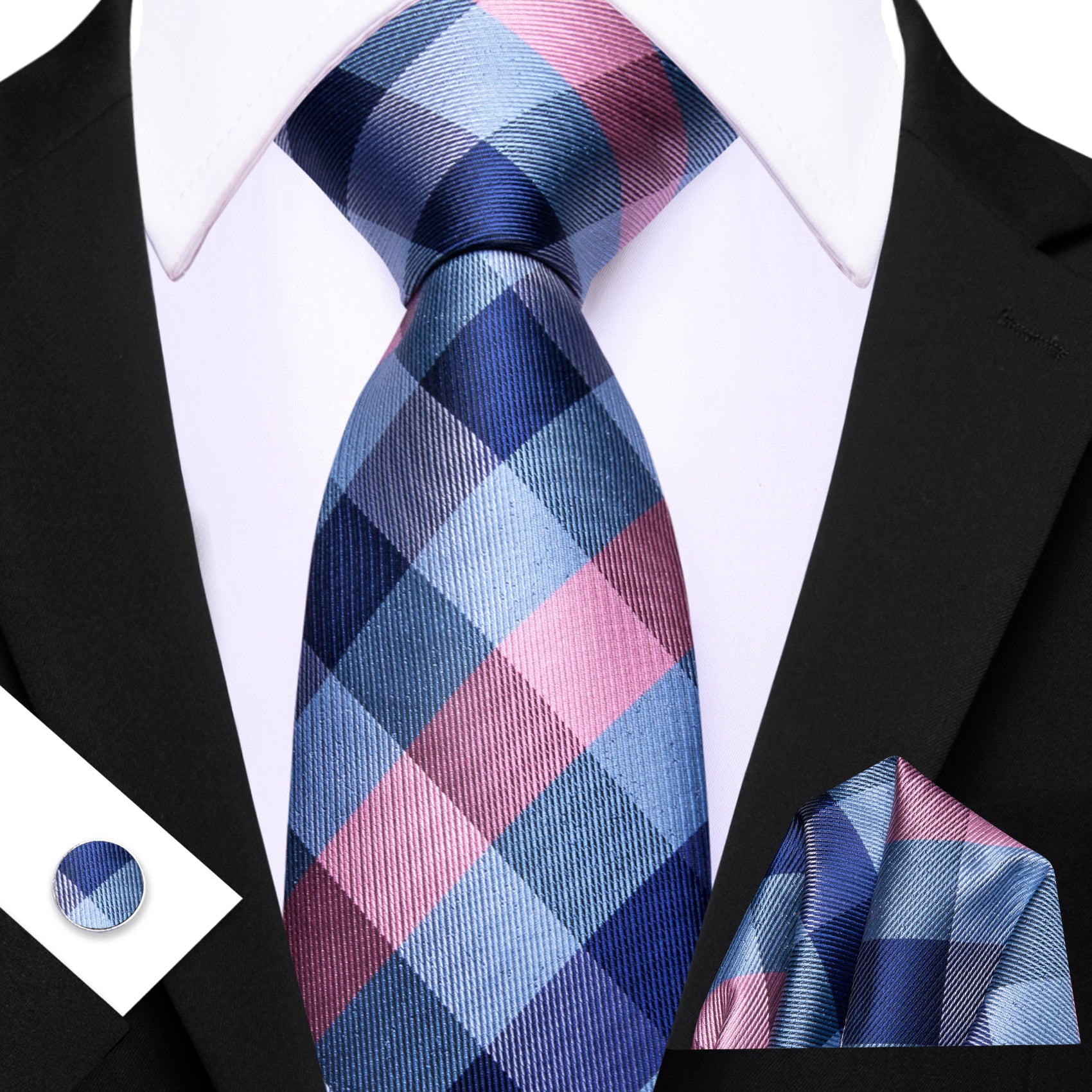 Barry. Wang Men's Necktie Blue Pink Plaid Tie Handkerchief Cufflinks Set