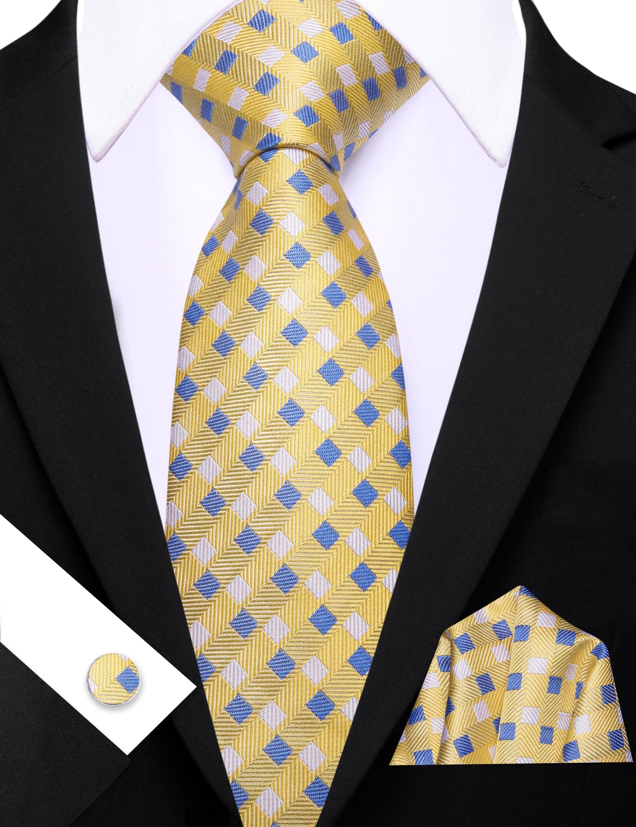 Barry. Wang Yellow Necktie Blue Plaid Tie Handkerchief Cufflinks Set for Men