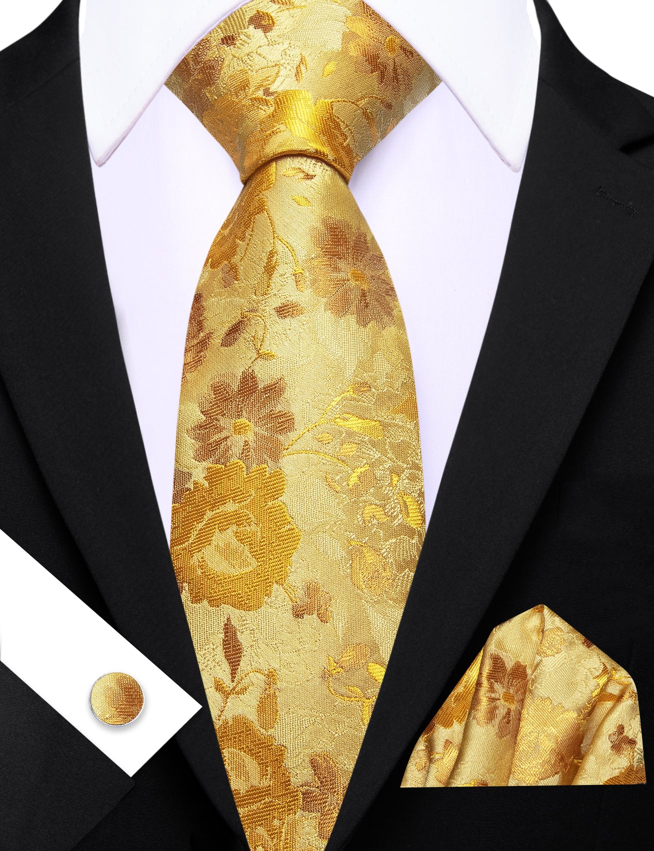 Barry. Wang Men's Necktie Yellow Floral Silk Tie Hanky Cufflinks Set