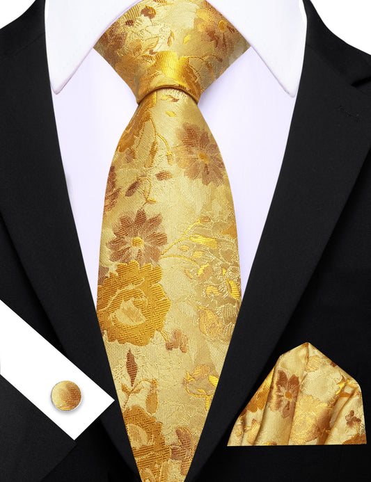 Barry. Wang Men's Necktie Yellow Floral Silk Tie Hanky Cufflinks Set