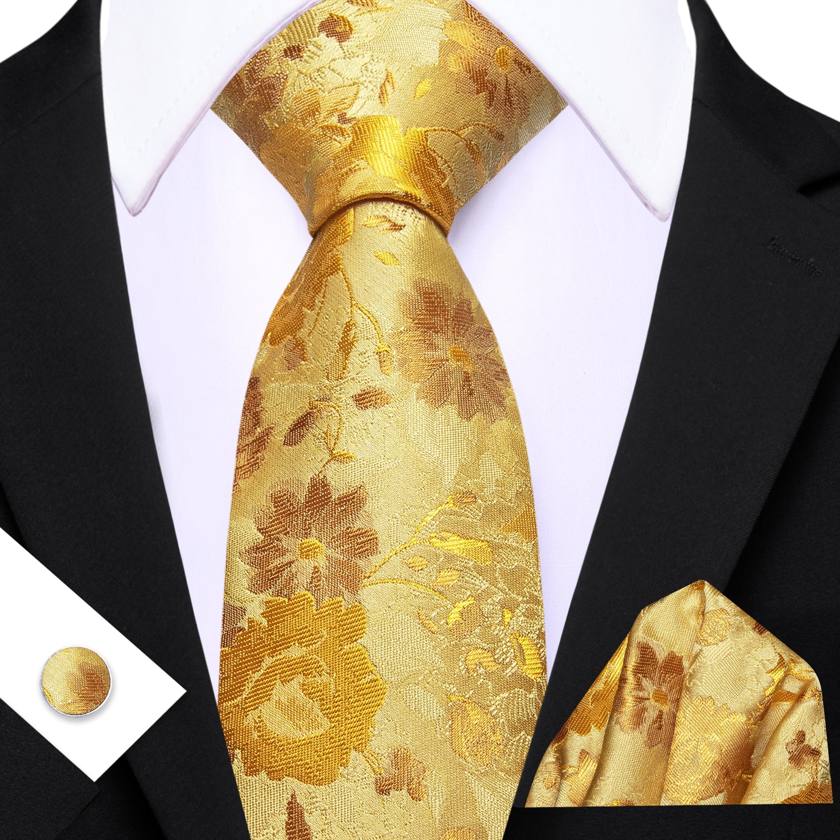 Barry. Wang Men's Necktie Yellow Floral Silk Tie Hanky Cufflinks Set