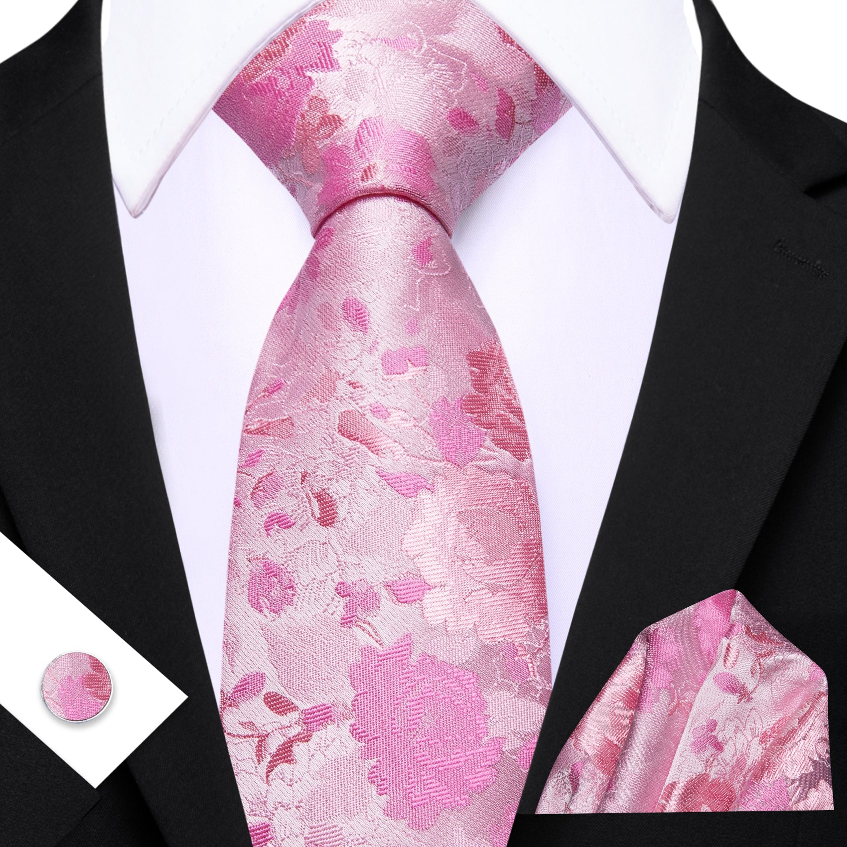 Barry. Wang Pink Floral Silk Men's Tie Handkerchief Cufflinks Set