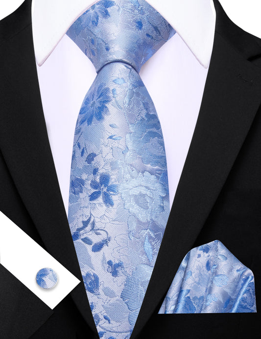 Barry. Wang Carolina Blue Floral Silk Men's Tie Handkerchief Cufflinks Set