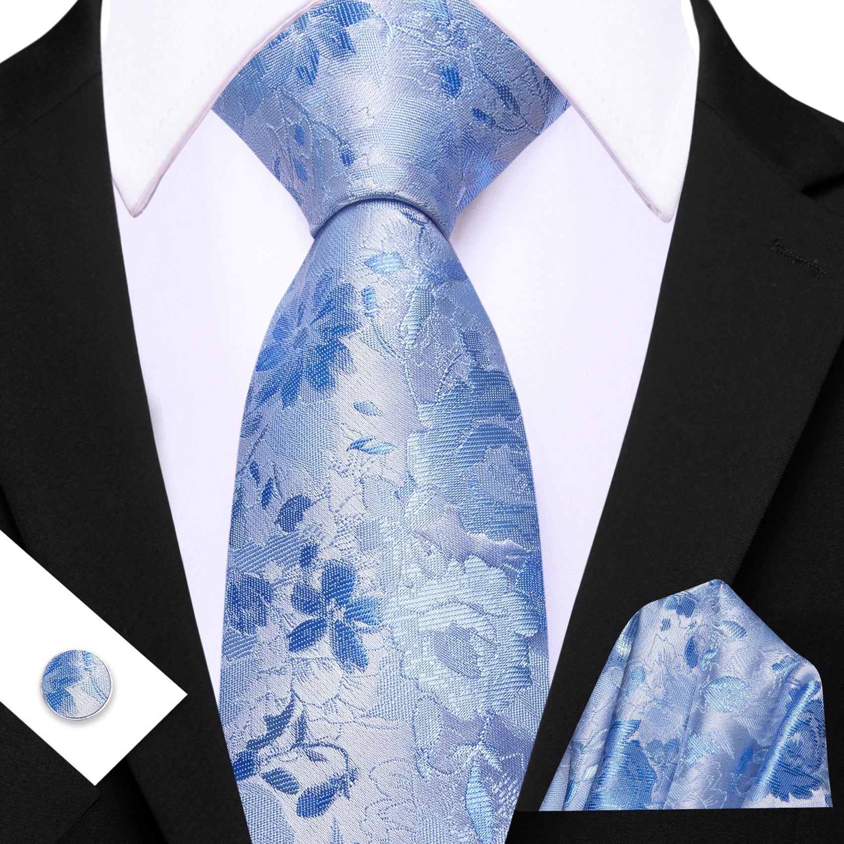 Barry. Wang Carolina Blue Floral Silk Men's Tie Handkerchief Cufflinks Set