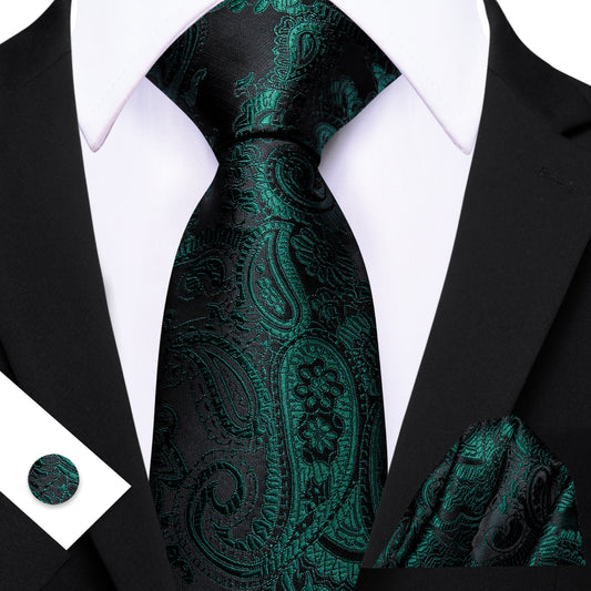 Barry. Wang Deep Teal Paisley Tie Pocket Square Cufflinks Set Silk Mens Ties