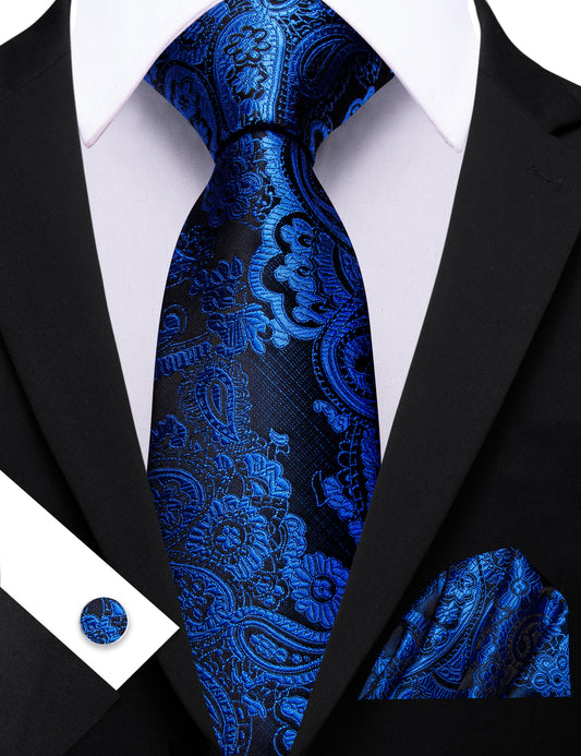 Barry. Wang Royal Blue Paisley Tie Pocket Square Cufflinks Set Silk Mens Ties