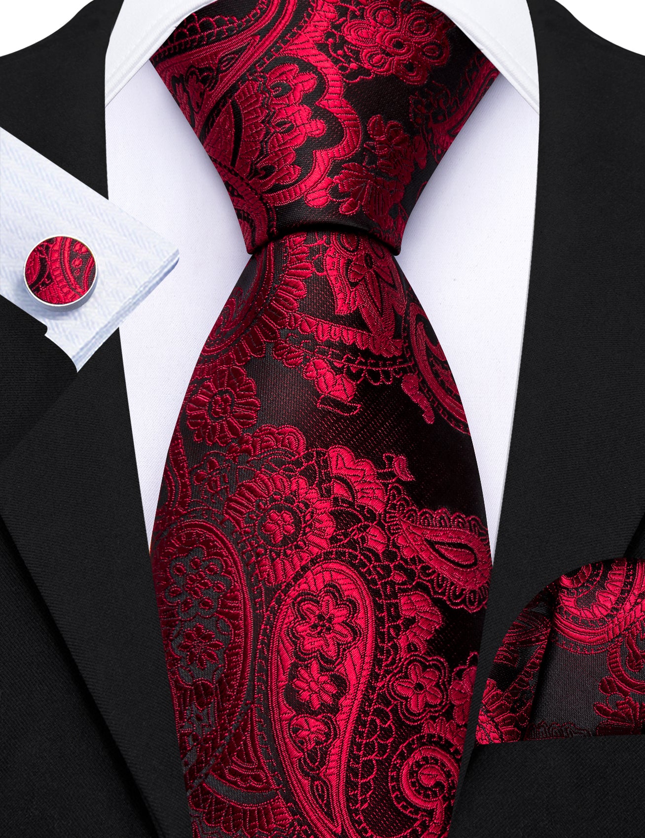 Barry. Wang Red Necktie Paisley Silk Tie Pocket Square Cufflinks Set for Men