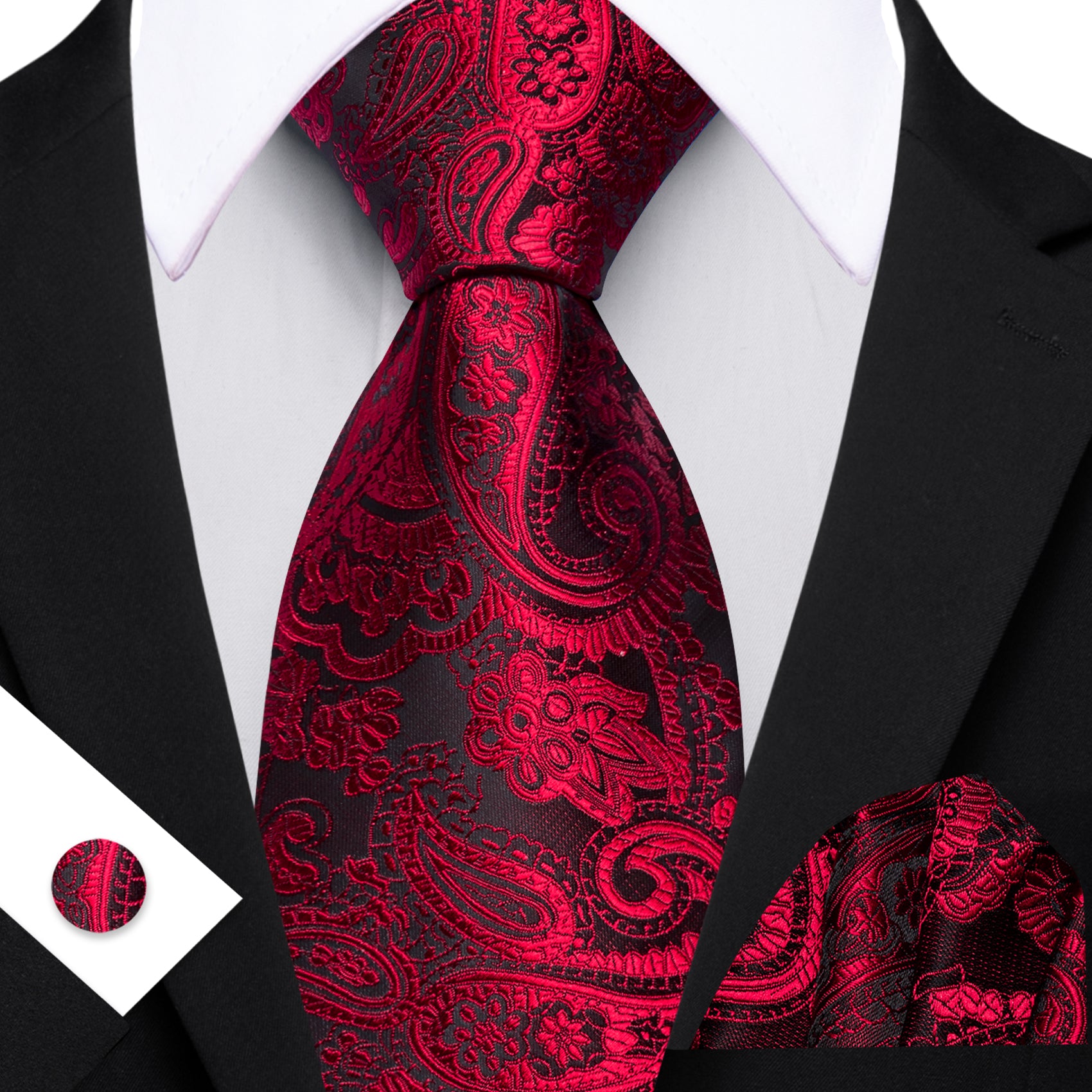 Barry. Wang Red Necktie Paisley Silk Tie Pocket Square Cufflinks Set for Men