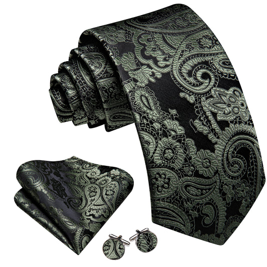 Barry. Wang Black Sage Green Paisley Tie Pocket Square Cufflinks Set Silk Mens Tie Set for Business