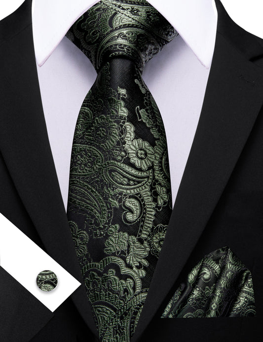 Barry. Wang Sage Green Paisley Tie Pocket Square Cufflinks Set Silk Mens Ties