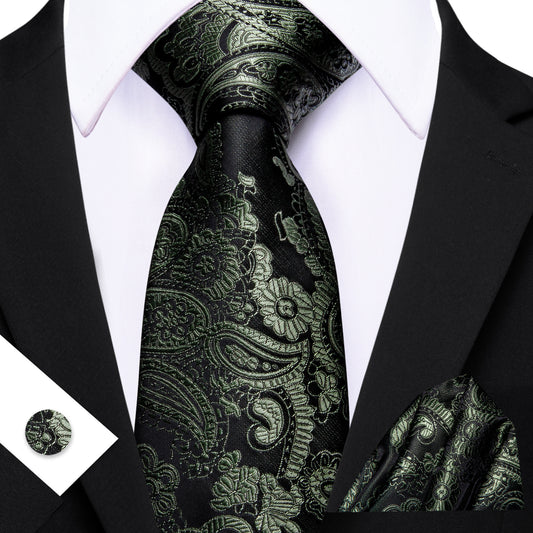 Barry. Wang Sage Green Paisley Tie Pocket Square Cufflinks Set Silk Mens Ties