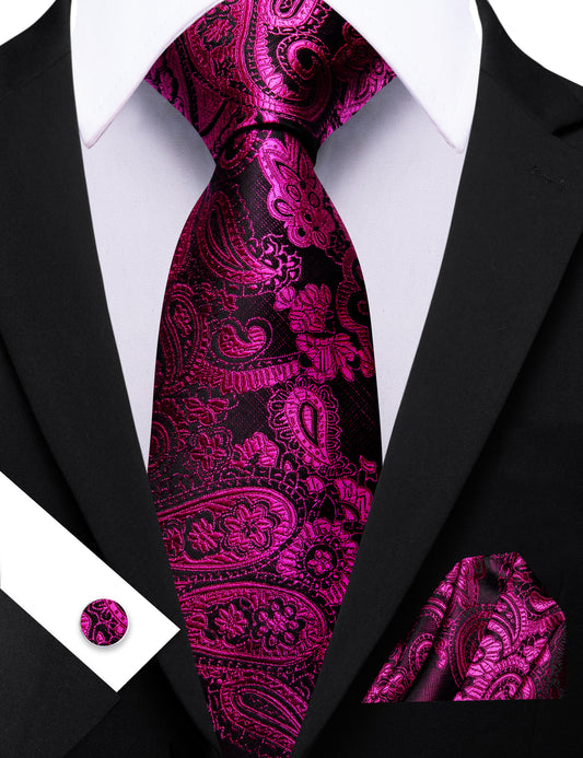 Barry. Wang Hot Pink Paisley Tie Pocket Square Cufflinks Set Silk Mens Ties