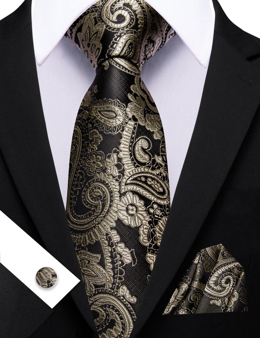 Barry. Wang Taupe Brown Paisley Tie Pocket Square Cufflinks Set Silk Mens Ties