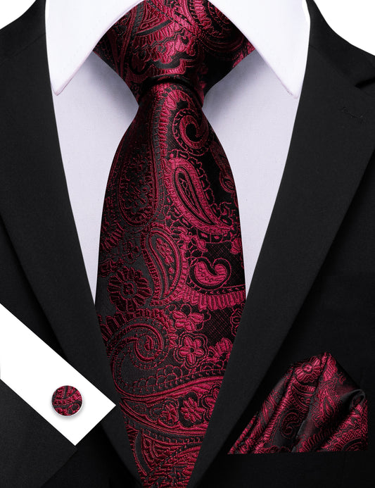 Barry. Wang Burgundy Black Paisley Tie Pocket Square Cufflinks Set Silk Mens Ties