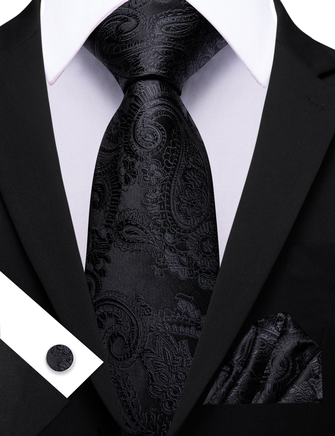 Barry. Wang Black Paisley Tie Pocket Square Cufflinks Set Silk Mens Ties