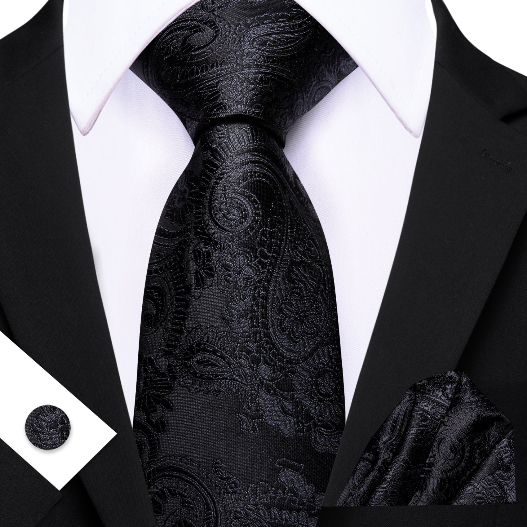 Barry. Wang Black Paisley Tie Pocket Square Cufflinks Set Silk Mens Ties