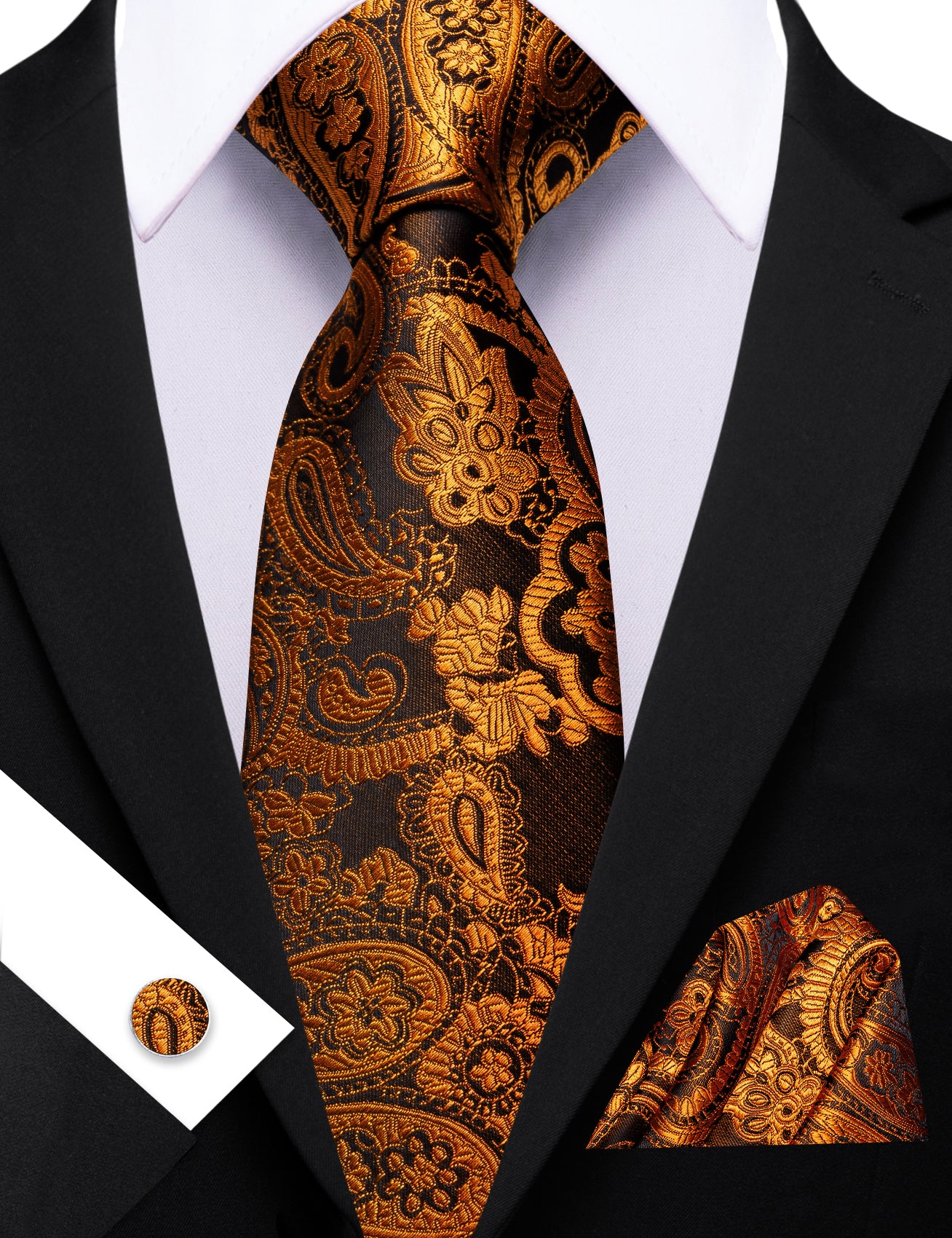 Barry. Wang Golden Black Paisley Tie Pocket Square Cufflinks Set Silk Mens Ties