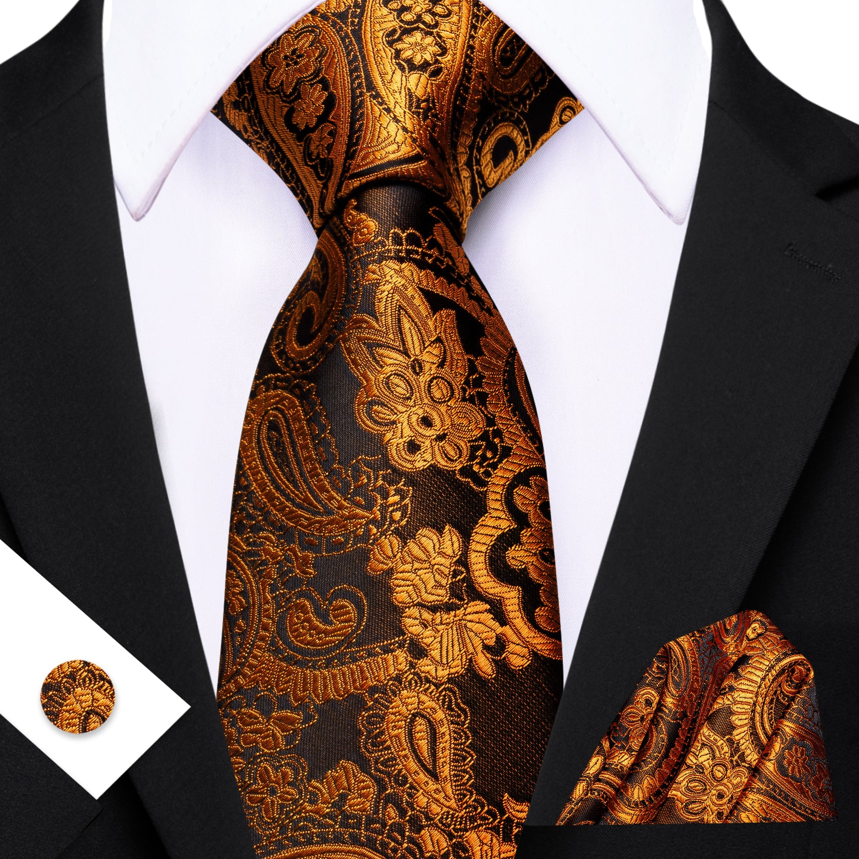 Barry. Wang Golden Black Paisley Tie Pocket Square Cufflinks Set Silk Mens Ties