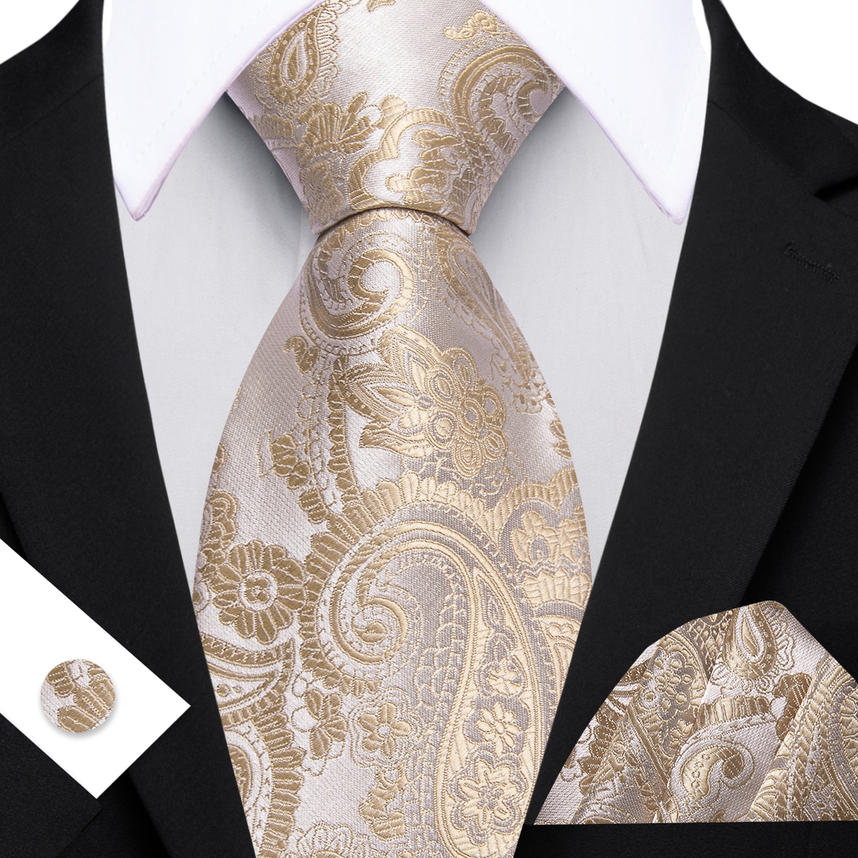 Barry. Wang Beige Necktie Paisley Silk Tie Pocket Square Cufflinks Set for Men